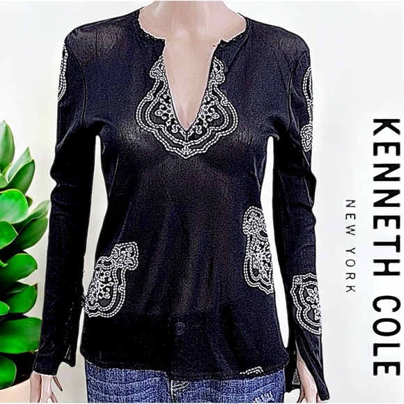 Kenneth Cole Black Mandala Print Long Sleeve Mesh Tunic - Picture 1 of 16